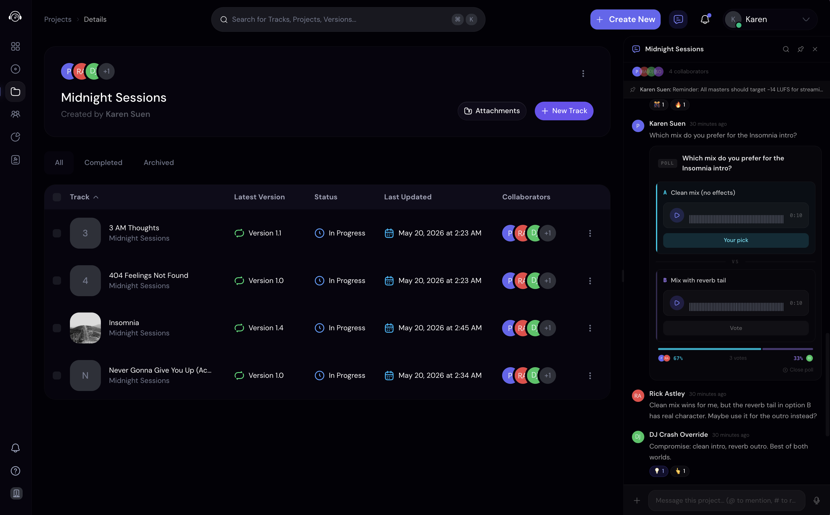 CoCreate project view with session comments and collaboration