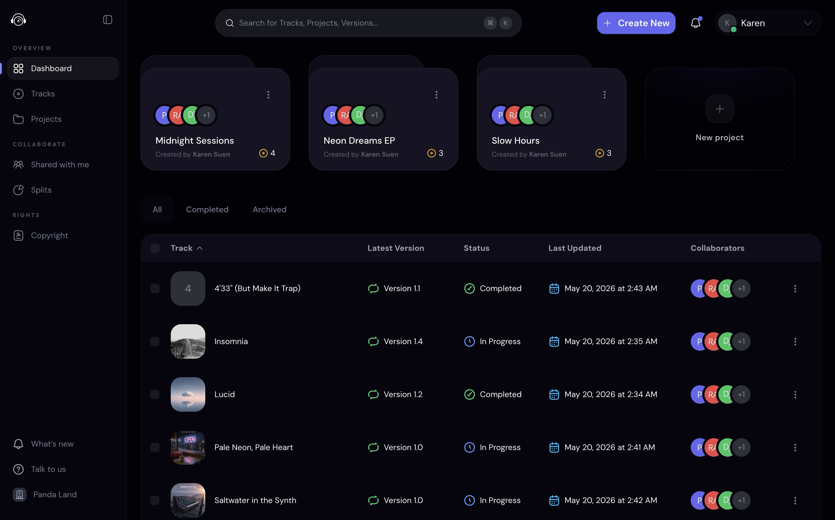 CoCreate Dashboard — projects, tracks, and collaborators at a glance